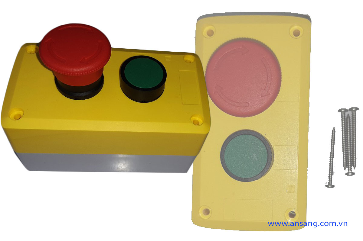 Hình ảnh hộp nút nhấn có gắn nút khẩn cấp và nút nhấn màu xanh